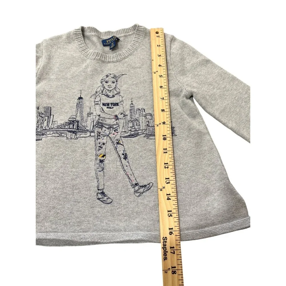 Polo Ralph Lauren Girls Knit Sweater New York City Embroidered Girl Gray Size 7 - Picture 5 of 8